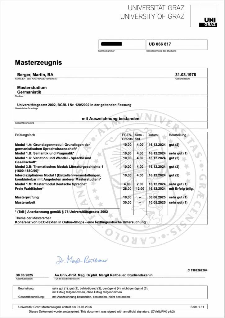 Masterzeugnis Berger Karl Franzens Universität Graz